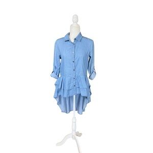 Veveret Chic Denim Layered Flounced Asymmetric Ruffled Dip Hem Blouse